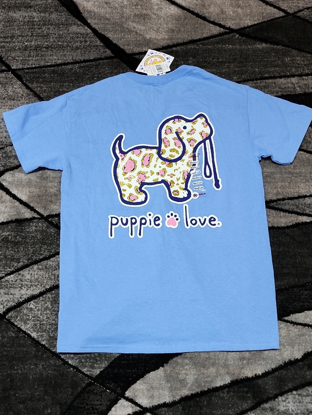 PUPPIE LOVE BLUE CREW-NECK GLITTER LEOPARD SIGNATURE DOG SIHOUETTE GRAPHIC TEE-S
